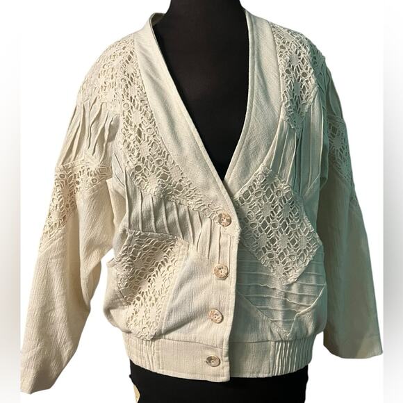 Vtg Coastal Boho Crochet Jacket Womens Size XLP Scandi Coquette Cottage Soft - Picture 2 of 9